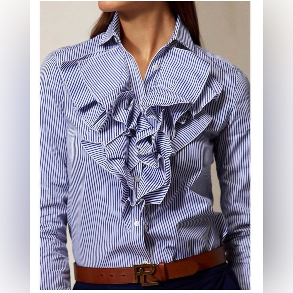 Ralph Lauren Sport Sz 4 Blue White Cotton Ruffle Shirt Blouse Top
